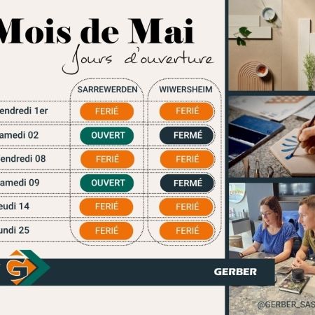 Mois de MAI : Jours d'ouverture / fermeture Image Mois de MAI : Jours d'ouverture / fermeture